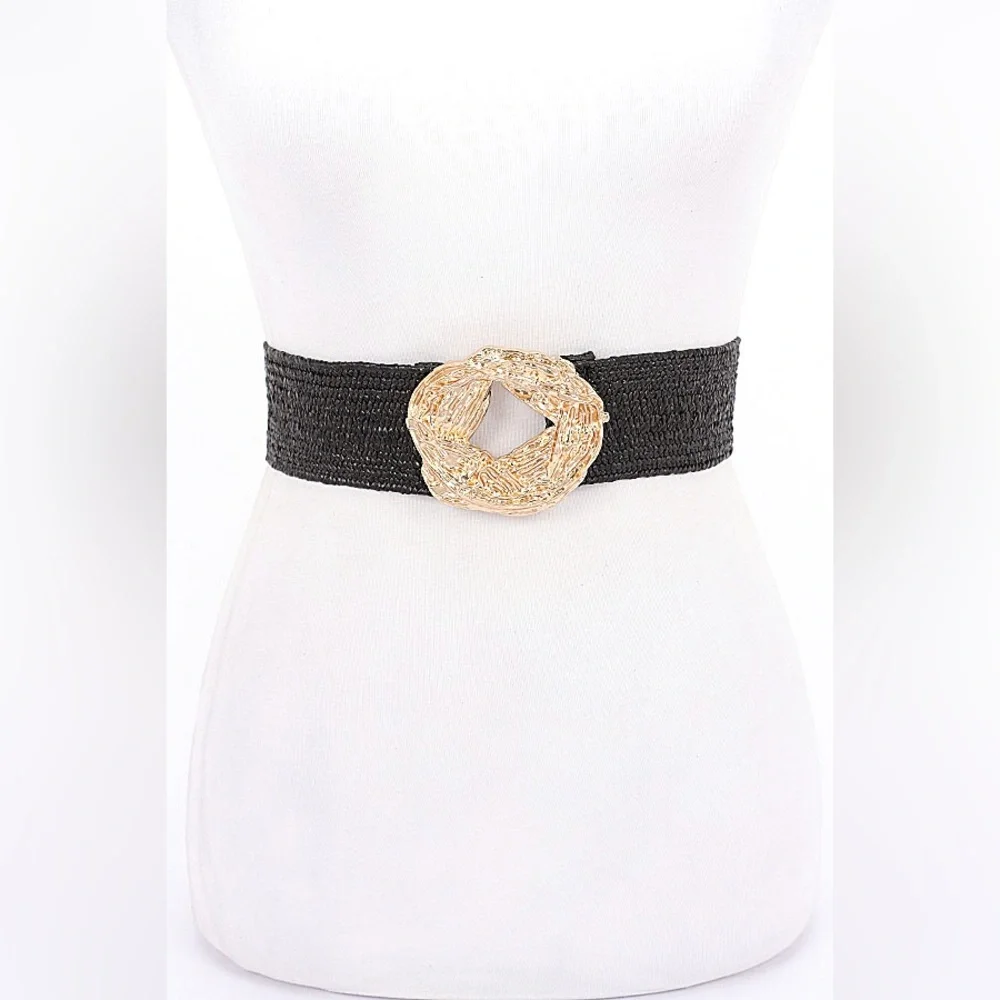 Gold & Tan Woven Straw Statement Belt